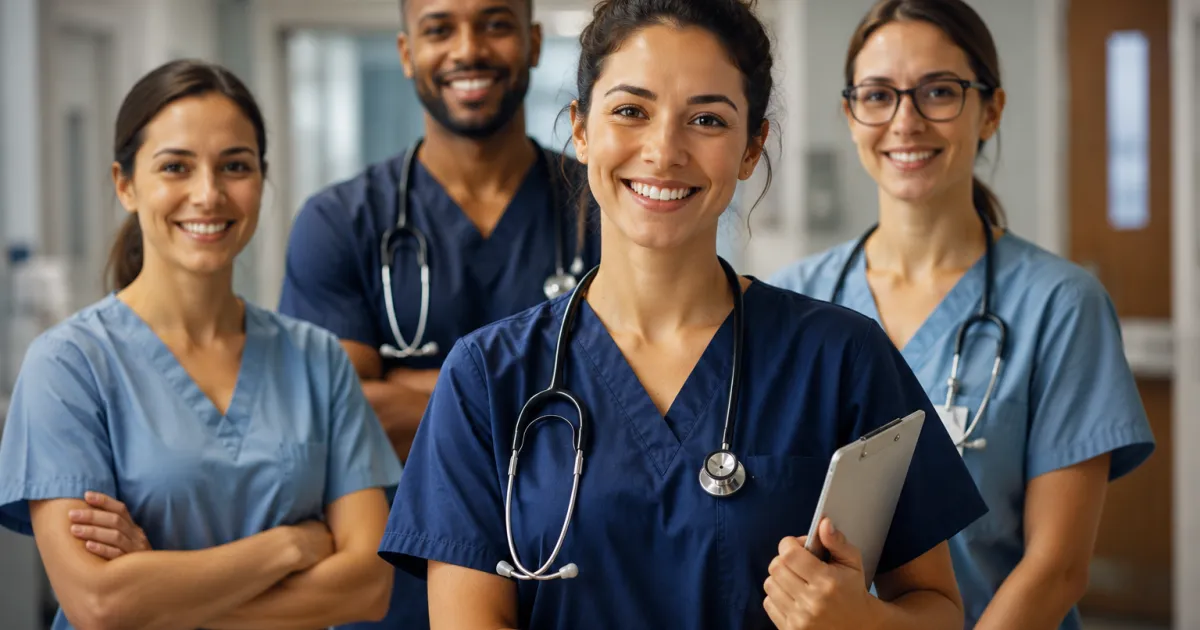 Equipe de enfermagem em plantão, enfermeiros e técnicos de uniforme azul num corredor de hospital.