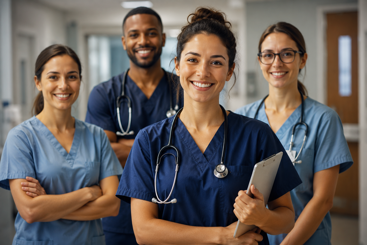 Equipe de enfermagem em plantão, enfermeiros e técnicos de uniforme azul num corredor de hospital.