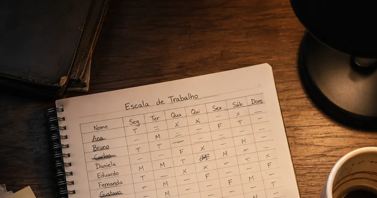 Um caderno de escala de trabalho cheio de rasuras e nomes riscados, com caneta e café ao lado, o retrato de como a escala é montada na mão.