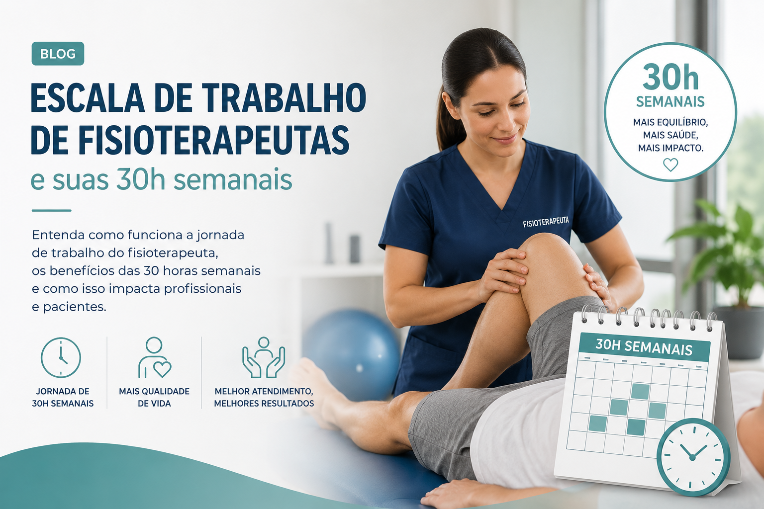 Escala de trabalho de fisioterapeutas e suas 30 horas semanais: uma fisioterapeuta em atendimento e um calendário marcando 30h por semana.