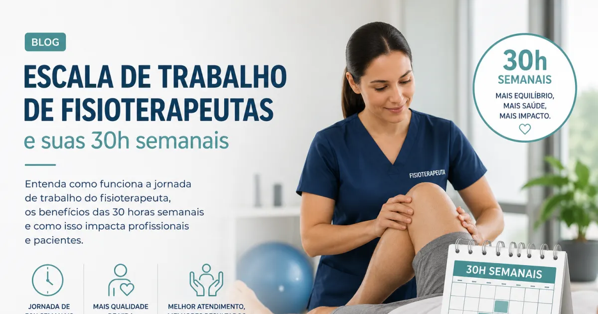 Escala de trabalho de fisioterapeutas e suas 30 horas semanais: uma fisioterapeuta em atendimento e um calendário marcando 30h por semana.