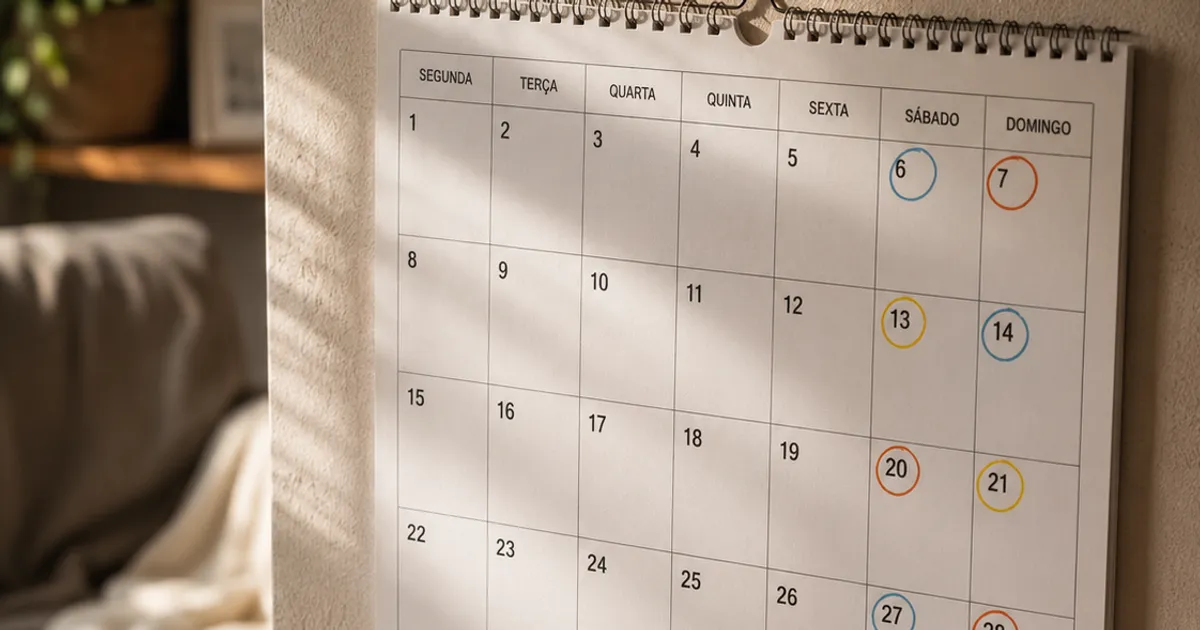 Um calendário de parede com os sábados e domingos de várias semanas marcados em cores diferentes, mostrando um revezamento de fim de semana.